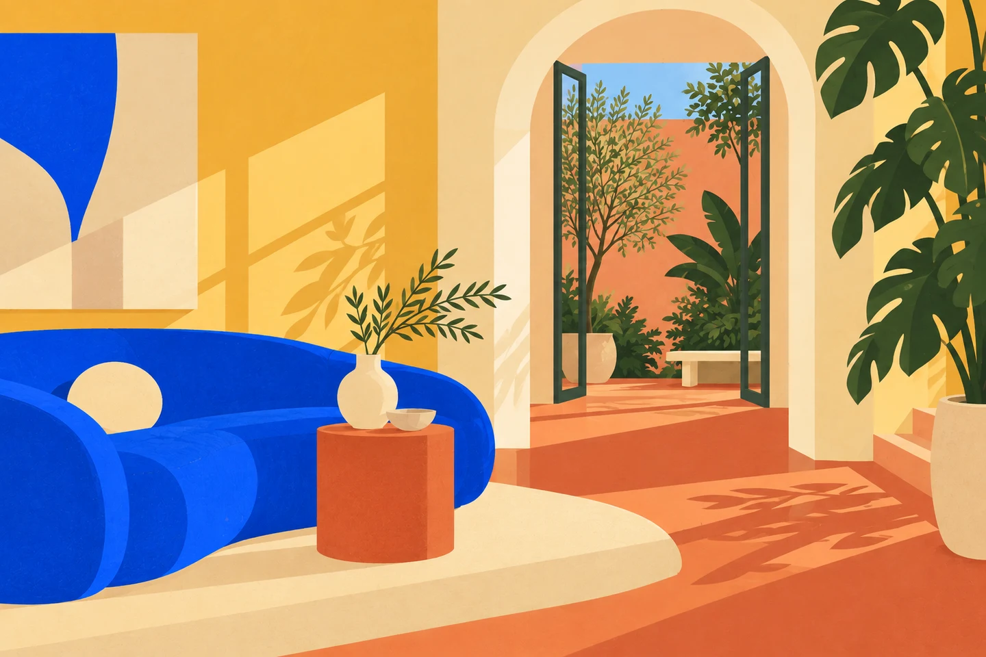 Illustratie van een woonkamer met een blauwe bank en warme materialen.