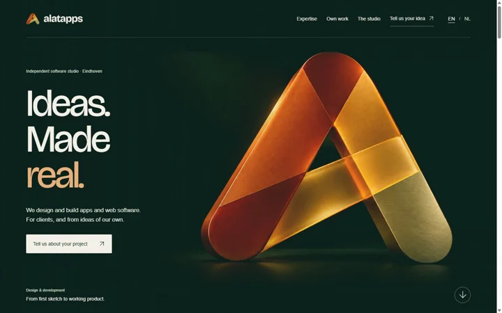 Alatapps: its copper A identity, dark green and large typography together on the website.