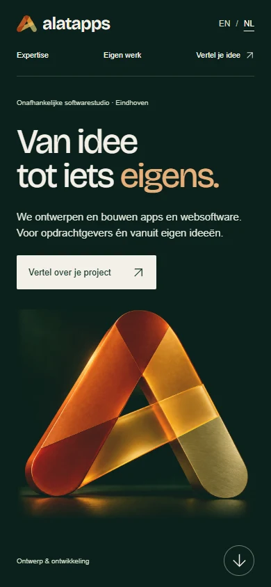 Alatapps op mobiel: uitleg en contactknop boven het koperen merkbeeld.