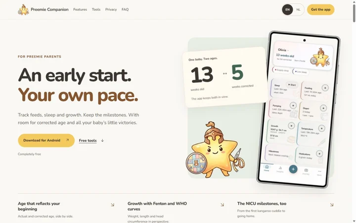 Preemie Companion: warm colours, rounded type and the star mascot around a real app image.