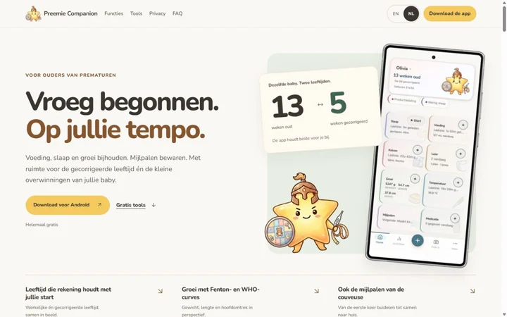 Preemie Companion: warme kleuren, ronde letters en de stermascotte rond een echt appbeeld.