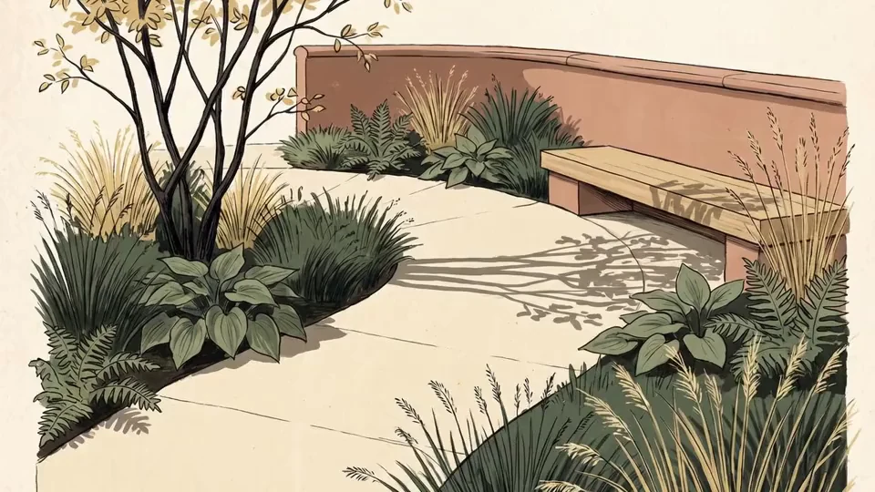 Illustration of an urban garden with a curved stone path, a bench and lush planting.